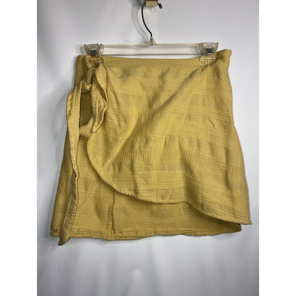 Free People Dresses & Skirts - Free People Skirt Wrap Around Self Tie Belt Size XL Yellow Cotton Textured Mini
